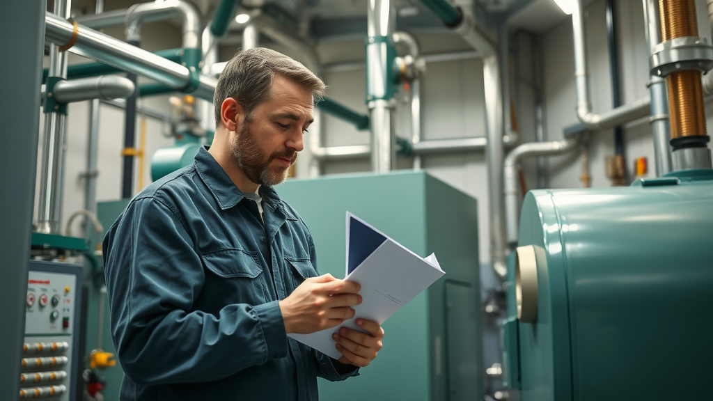 Engineer inspecting a modern biomass boiler system for renewable home heating in the UK
