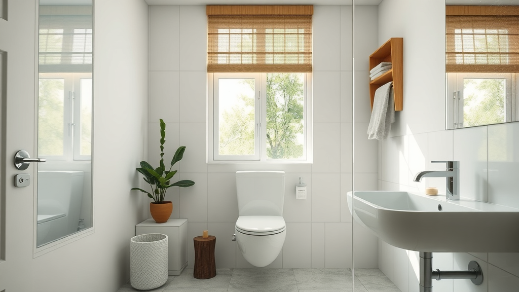 Modern eco-friendly residential bathroom interior with sustainable materials and water-efficient fixtures – low carbon footprint plumbing
