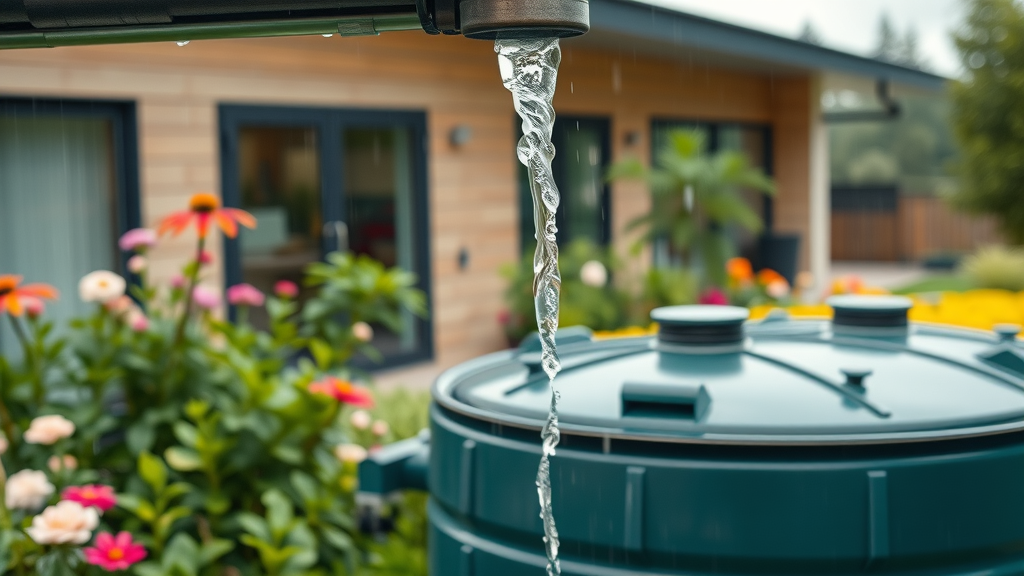 Modern home with rooftop rainwater harvesting system and lush garden, demonstrating sustainable water system practices