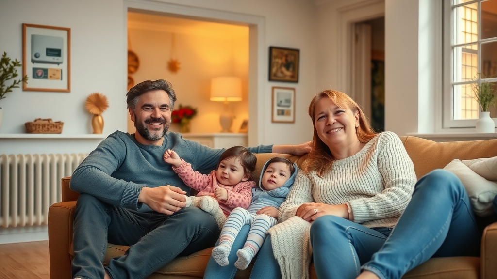Family enjoying warmth in Chesterfield home after new boiler installation. Cozy living room setting with visible heating system.