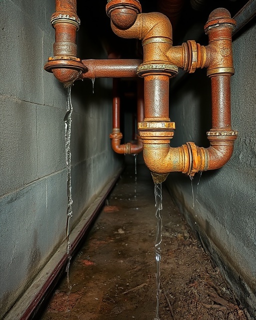 rusted plumbing pipes, showing signs of wear and damage, leaking at the joints, photorealistic, in an old basement with concrete walls and a dirt floor, highly detailed, water droplets falling, sharp focus, earthy tones, hard lighting, shot with a macro lens