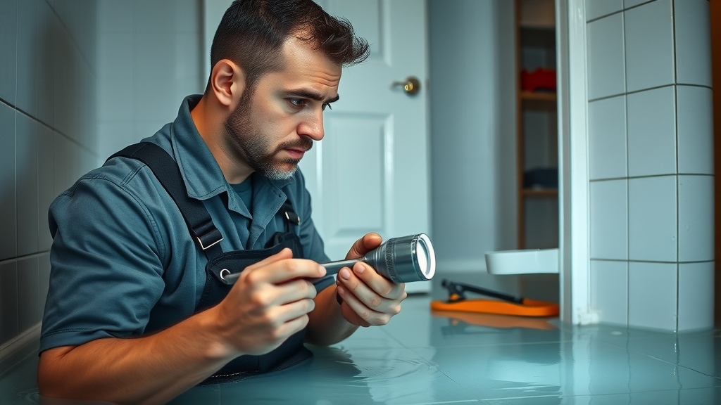 Professional plumber examining burst pipe in flooded Chesterfield utility room, focused on emergency plumbing repair service