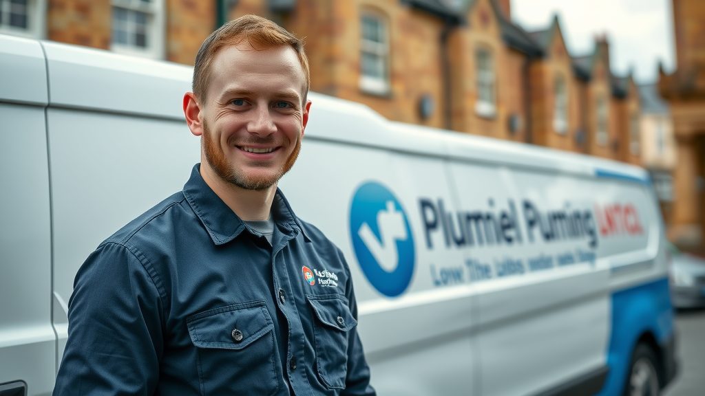 confident local plumber Chesterfield standing by branded van with historic buildings in background