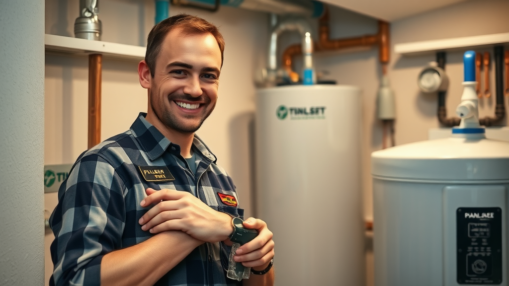 Friendly plumber Chesterfield performing scheduled water heater maintenance in a modern utility room, organized tools, clean environment