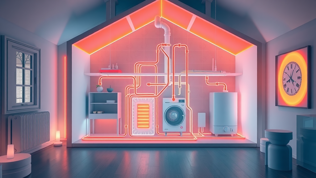 Central heating system diagram showing main components, boiler, and heat flow throughout the house.