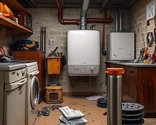 boiler Chesterfield, meticulous expression, replacing parts, photorealistic, in a cluttered utility space with old appliances, highly detailed, scattered tools and parts, medium close-up, worn surfaces, soft ambient light, shot with a 50mm lens