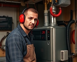 skilled technician, focused, replacing a heating furnace, photorealistic, in a cluttered mechanical room, highly detailed, dust particles in the air, 4K resolution, warm tones, overhead lighting, shot with a 50mm lens