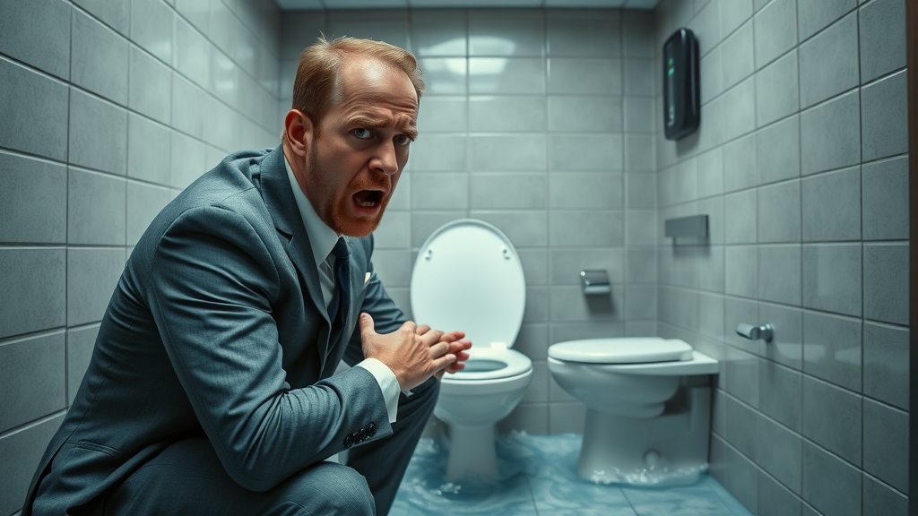 emergency plumbing repair - overwhelmed business owner faces overflowing toilet and water damage, emergency plumber needed