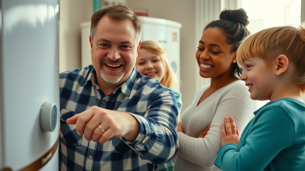 Happy British family adjusting boiler thermostat for energy savings; annual boiler service benefits