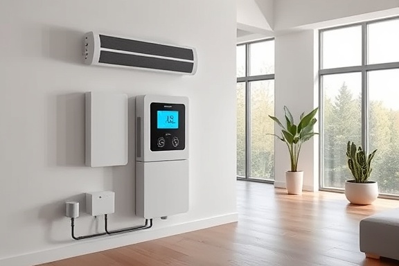 Modern central heating system, efficient and clean, distributing warmth, photorealistic, contemporary home with sleek lines and large windows, highly detailed, digital interface, perfect symmetry, neutral tones, natural daylight, shot with a 24mm lens.