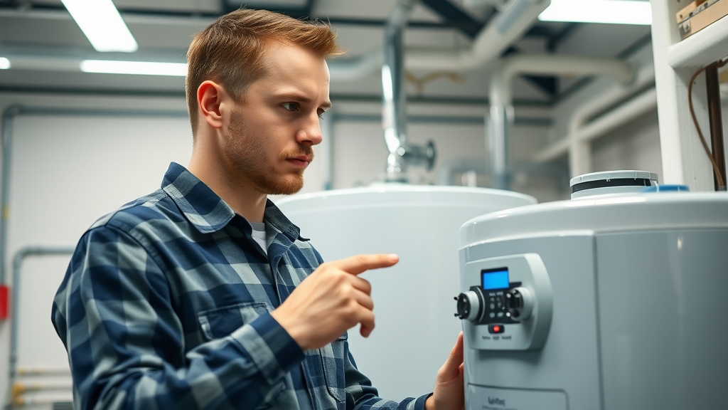 industrial plumber Chesterfield inspecting commercial water heater digital gauges maintenance room