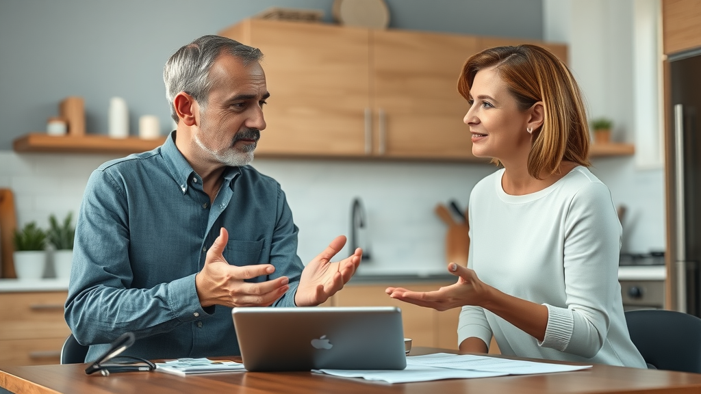 thoughtful homeowner consulting green heating solutions expert, green heating and cooling consultation