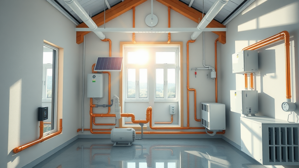 futuristic plumbing system integrated with solar and heat pumps, showcasing renewable energy in modern home