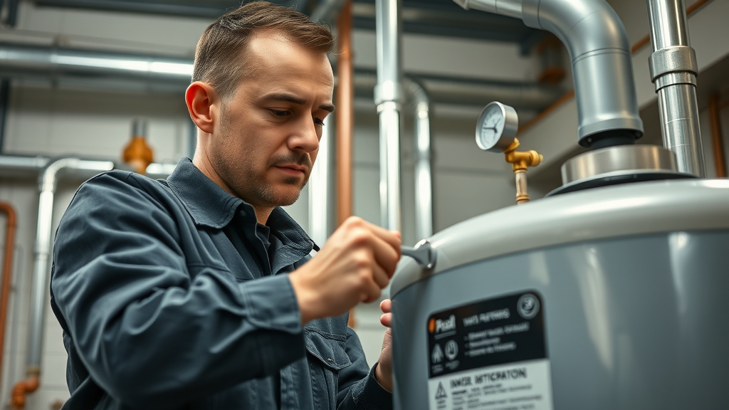 Skilled technician repairing a commercial water heater in Chesterfield