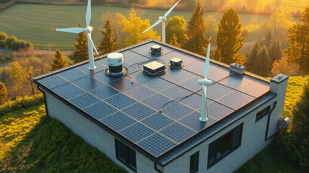 Renewable energy-powered HVAC system with solar panels and wind turbine, sustainable HVAC innovations