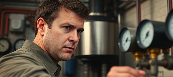 boiler Chesterfield, concentrated expression, inspecting gauges, photorealistic, in a utility room with various heating equipment, highly detailed, slight condensation on gauge glasses, medium close-up, matte metal, overhead lighting, shot with a 35mm lens