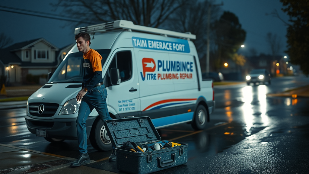 emergency plumber team arriving at night for emergency plumbing repair, branded van, urgent plumbing services