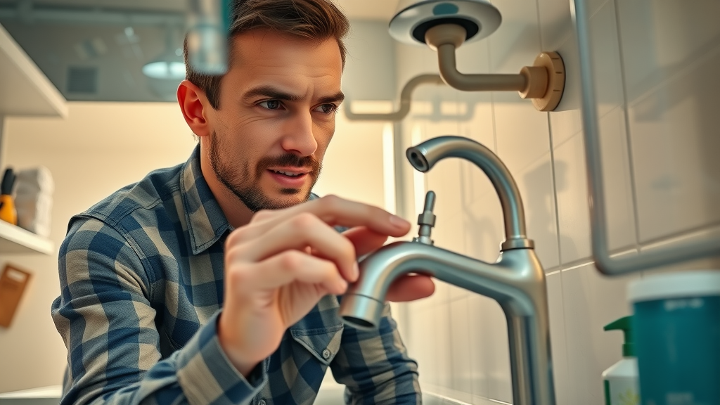 DIY homeowner installing new eco-friendly faucet under sink, emphasizing water-saving plumbing fixture installation in bathroom