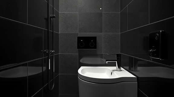 sleek bathroom installation, focused expression, connecting plumbing, photorealistic, compact bathroom with modern fittings and monochrome decor, highly detailed, water droplets, ultra-high resolution, charcoal black, cool LED lighting, shot with a 50mm lens