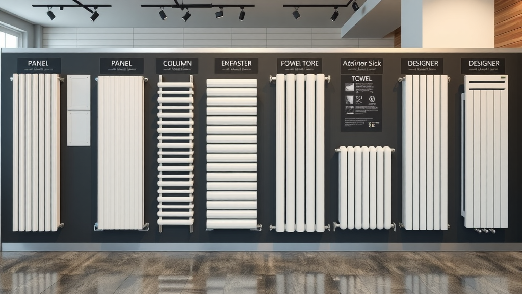 Types of radiator installation chesterfield: panel, column, towel, designer radiators in showroom, modern interiors, informative display