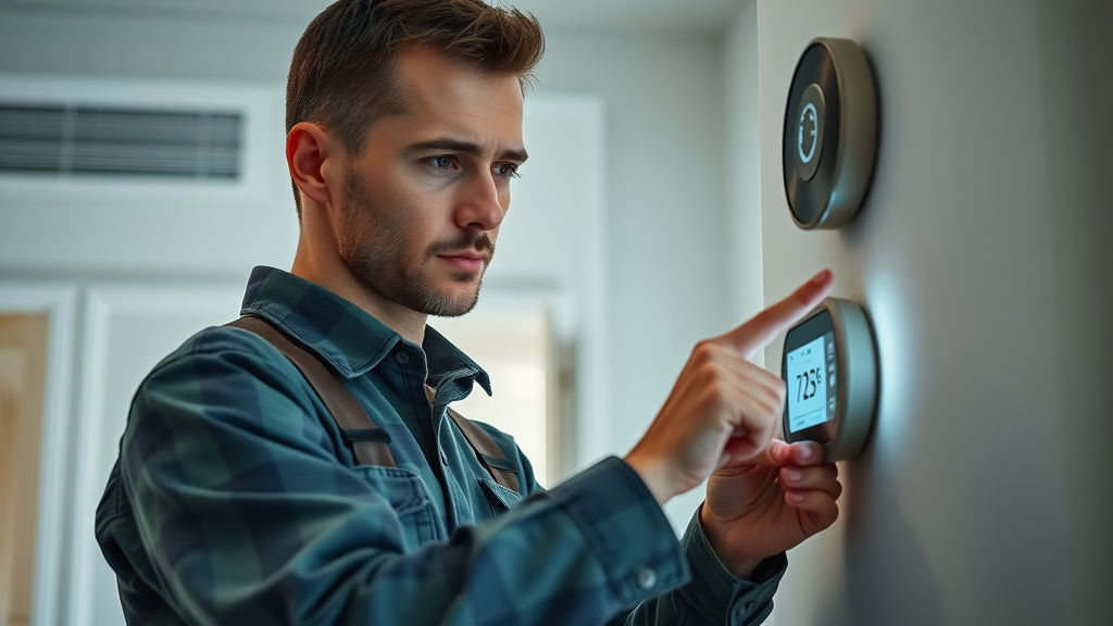 HVAC technician adjusting modern smart thermostat display, sustainable HVAC innovations in modern home