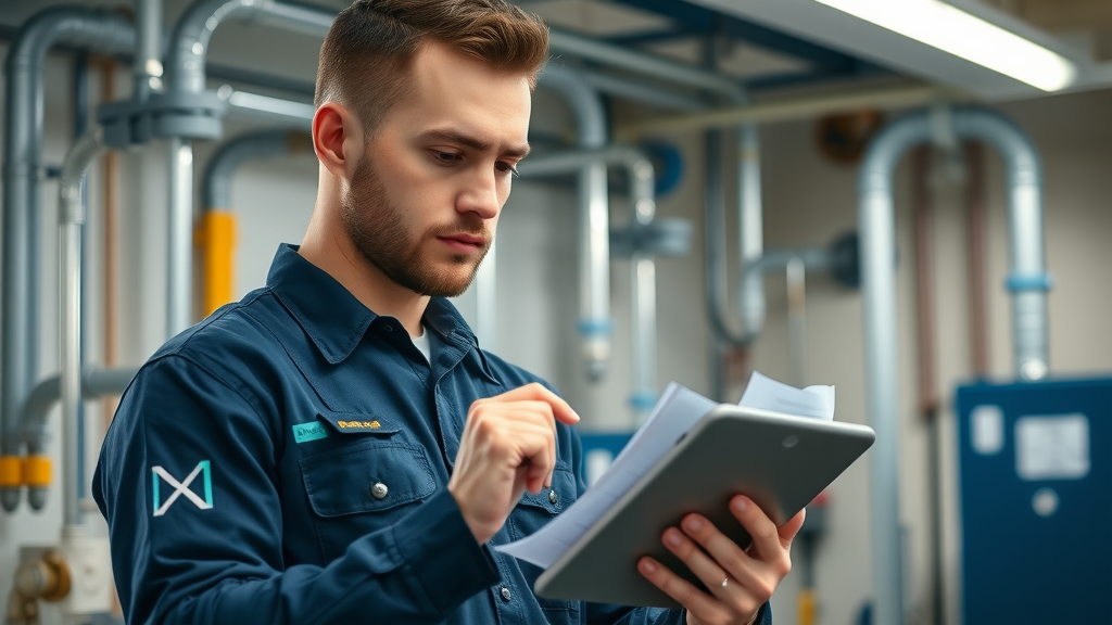 plumbing service in chesterfield - professional plumber in uniform reviewing maintenance checklist in an office utility room