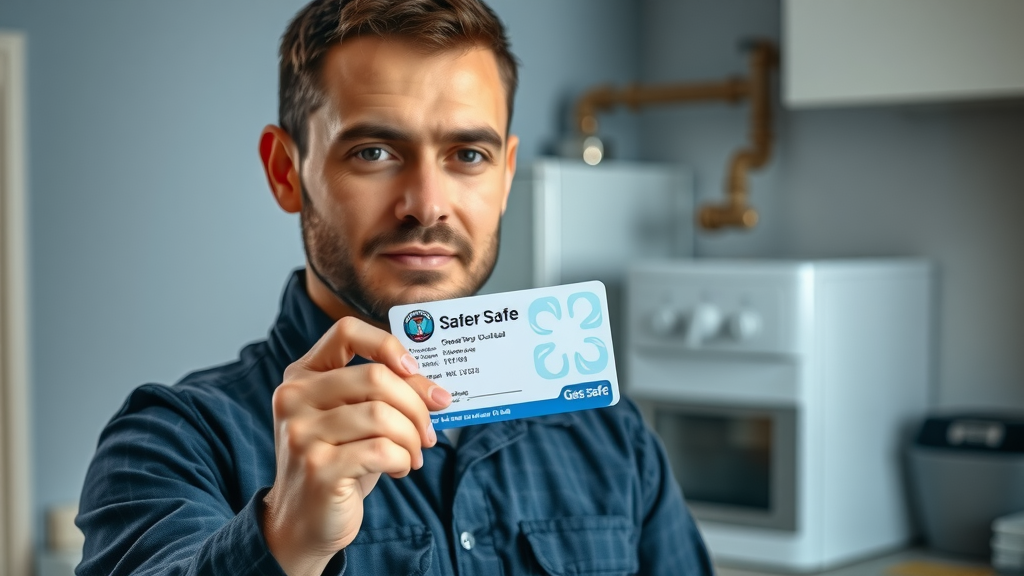 responsible gas safe registered heating engineer presenting ID in modern kitchen Chesterfield