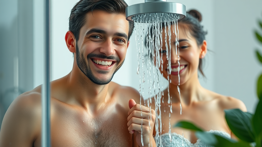 Family enjoying a shower with a low-flow showerhead—happy result of water conservation in plumbing