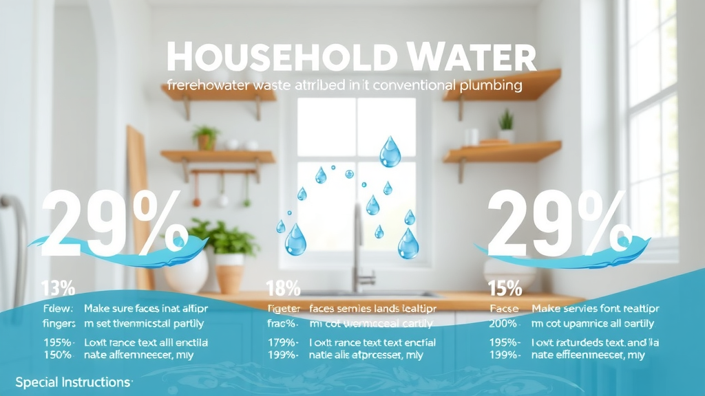 Infographic showcasing percentages of household water waste attributed to conventional plumbing, sustainable plumbing techniques, bright domestic kitchen background