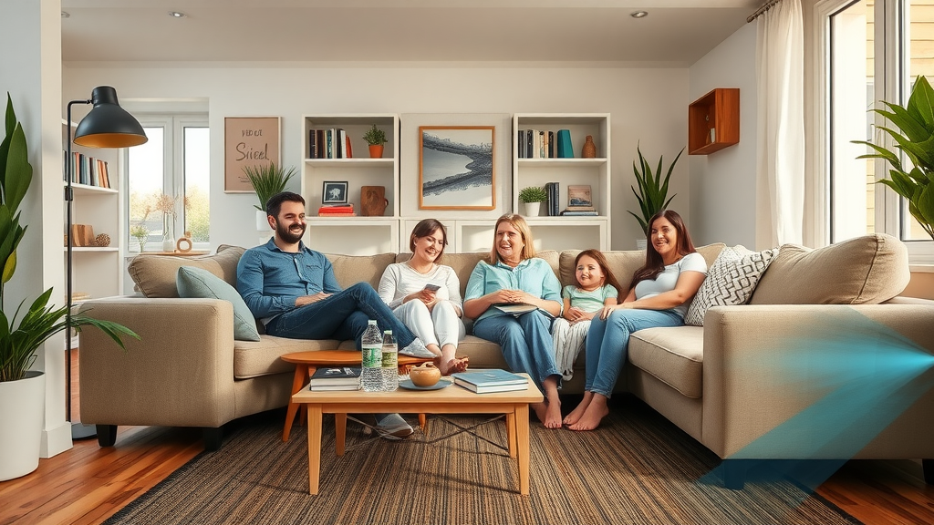 Cozy modern Chesterfield living room with family on heated floors and underfloor heating pipes illustration