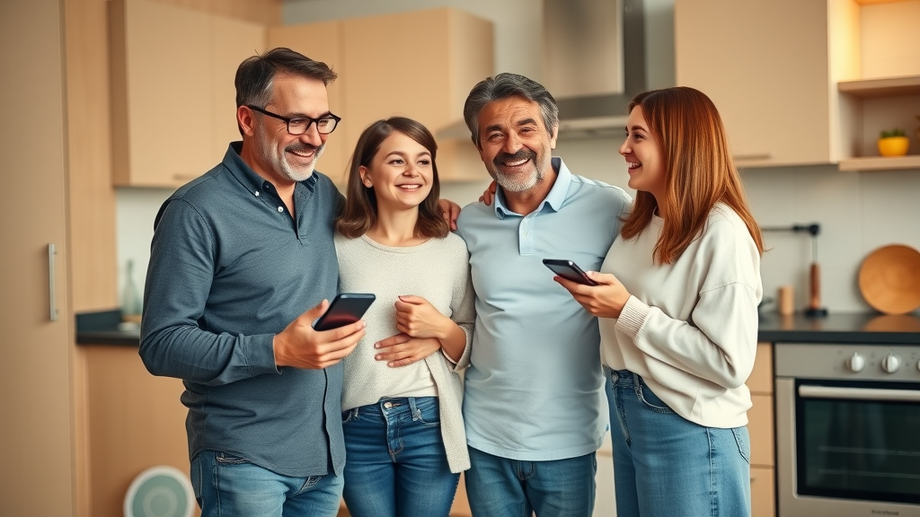 family smiling in kitchen as smart leak detector sends alert, confident in plumbing leak detection technology