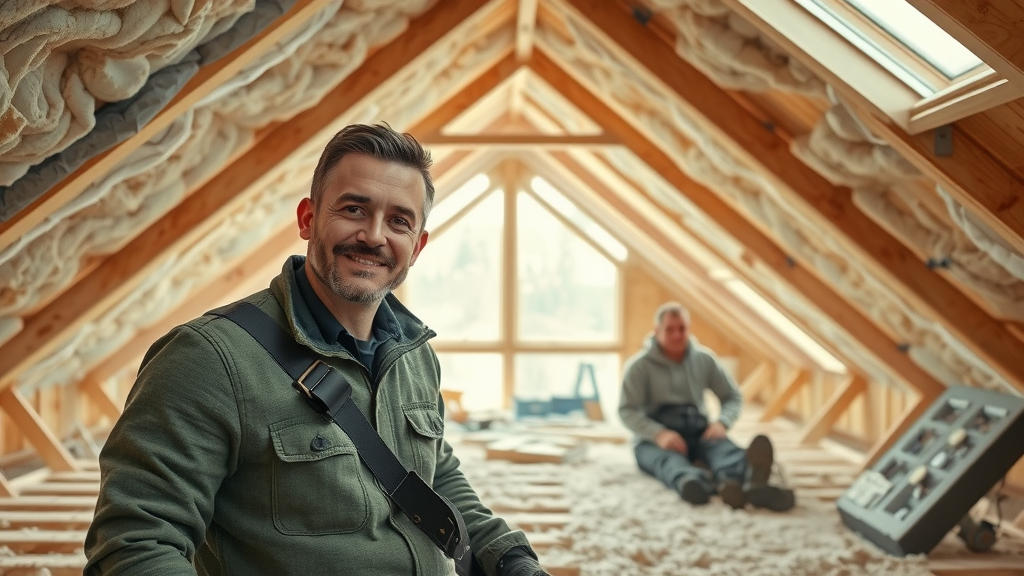 Eco-friendly insulation being installed in an attic, enhancing renewable heating efficiency and energy savings for the home