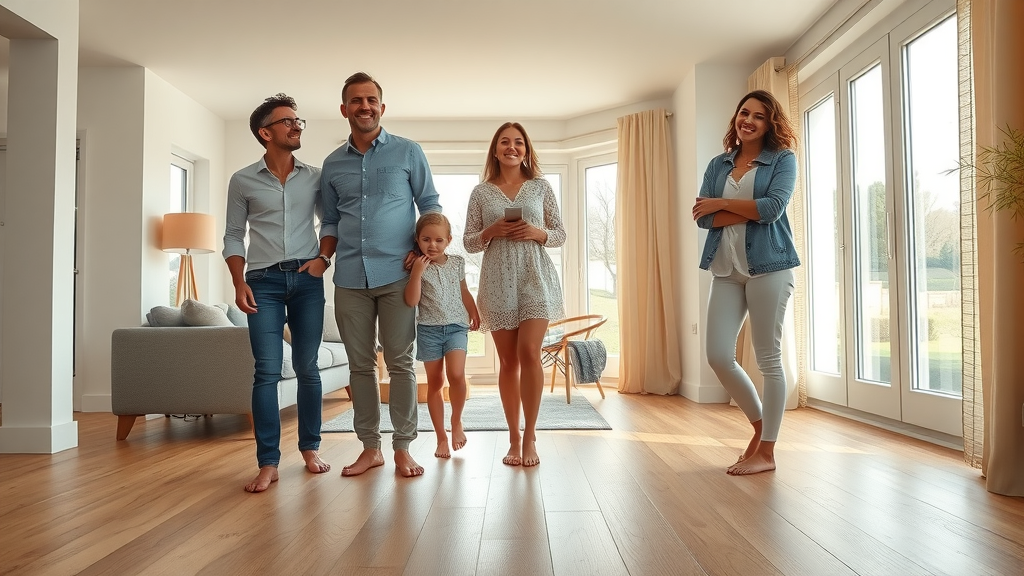 modern family enjoying electric underfloor heating Chesterfield, standing barefoot on warm wooden floor in a sunlit stylish living room