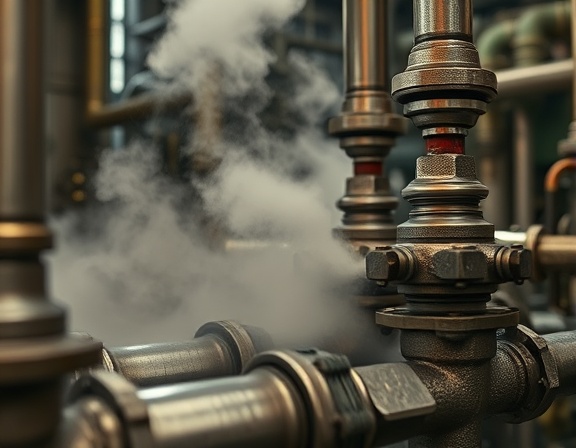 pipes Chesterfield, focused expression, tightening valves, photorealistic, amidst industrial machinery and steam, highly detailed, steam clouds, mid-shot, metallic tones, artificial indoor lighting, shot with an 85mm lens