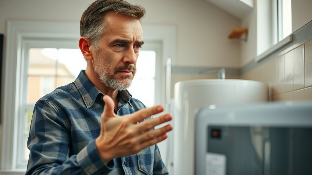 Chesterfield water heater repair - Modern home, concerned homeowner inspecting water heater in bathroom