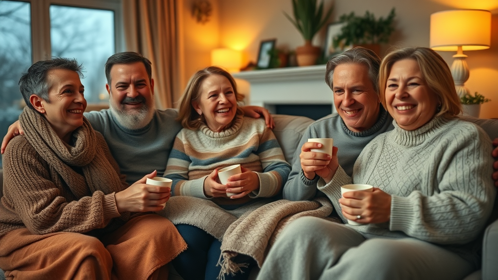 Chesterfield family celebrates restored hot water after heater repair - Cozy living room, winter scene