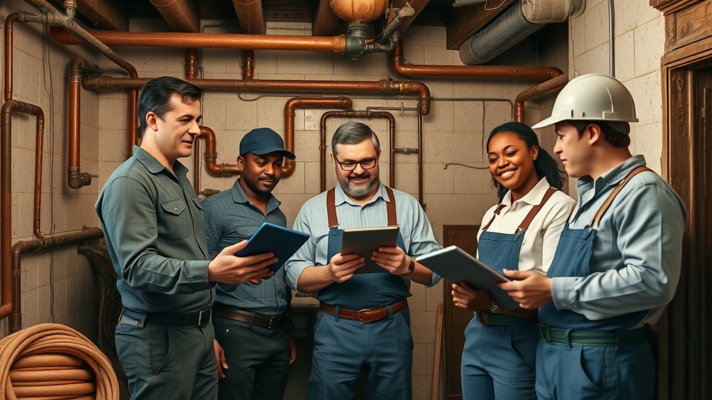 diverse team of plumbers assessing vintage pipes for sustainable plumbing solution upgrades