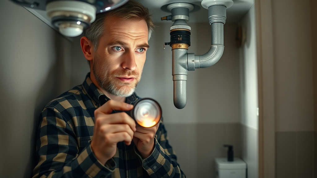 homeowner inspecting pipes urgent plumbing repair chesterfield kitchen Chesterfield