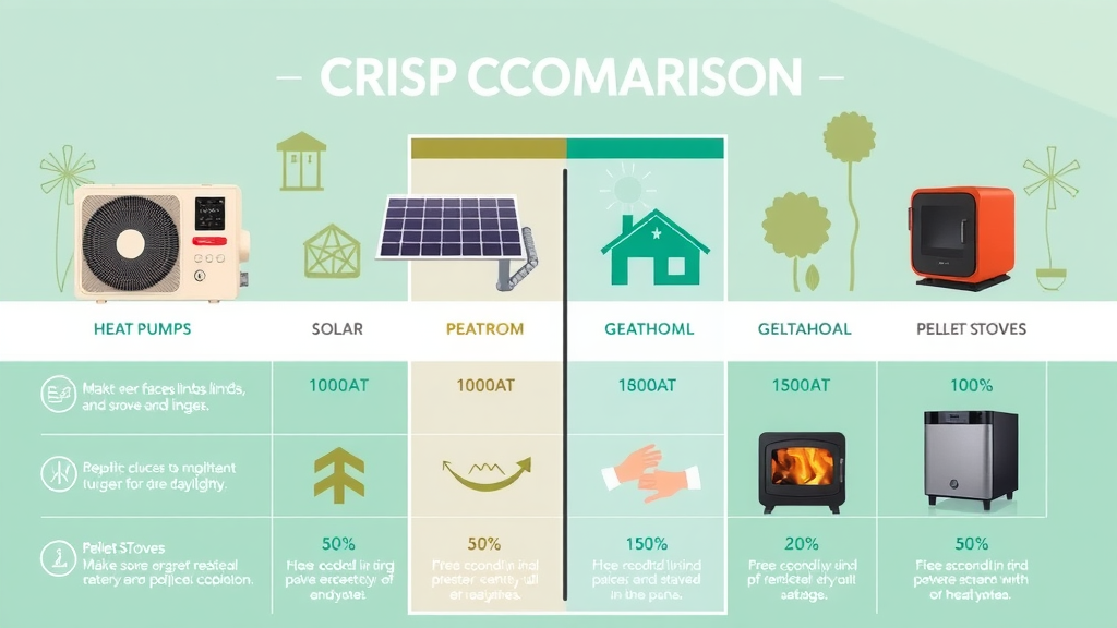 Sustainable heating options comparison infographic showing heat pump, solar, geothermal, pellet stove