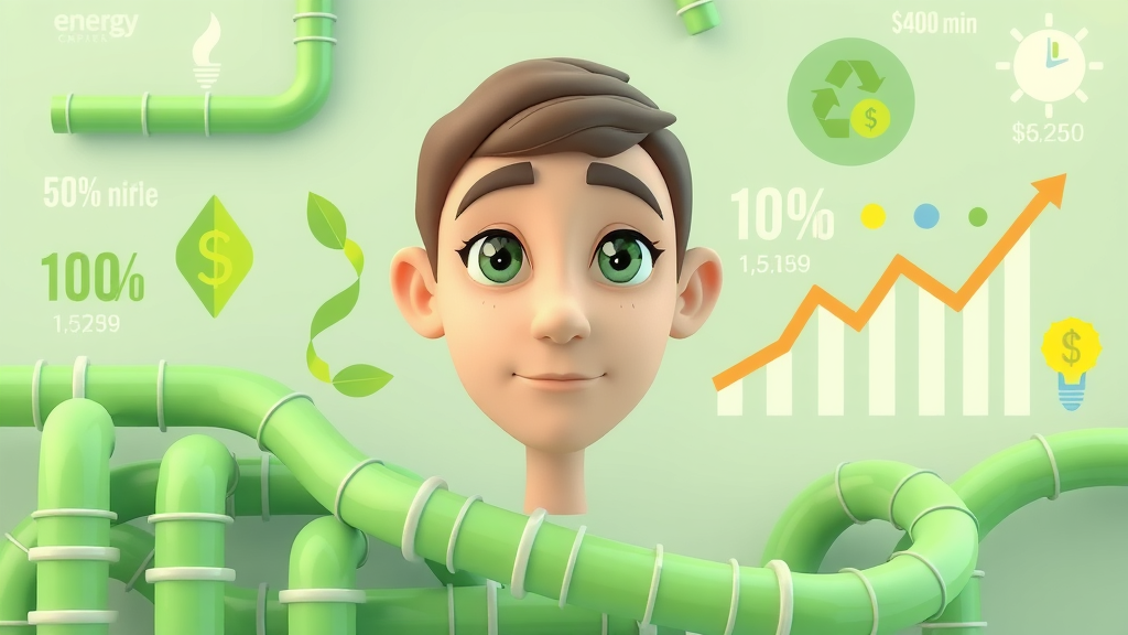 infographics showing green pipes and savings chart, energy efficiency in modern plumbing systems, cost reduction with renewable energy