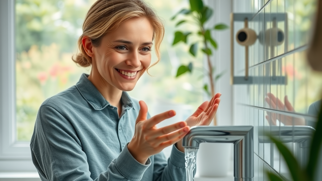 Eco-friendly plumbing materials in modern green bathroom, homeowner inspecting water-saving fixture