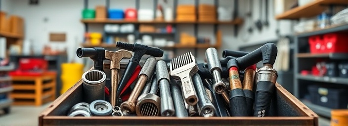 organized plumbing tools, neatly sorted in a toolbox, ready for use, photorealistic, in a well-lit workshop with organized shelves, highly detailed, clean metal surfaces, deep focus, warm colors, even lighting, shot with a 85mm lens