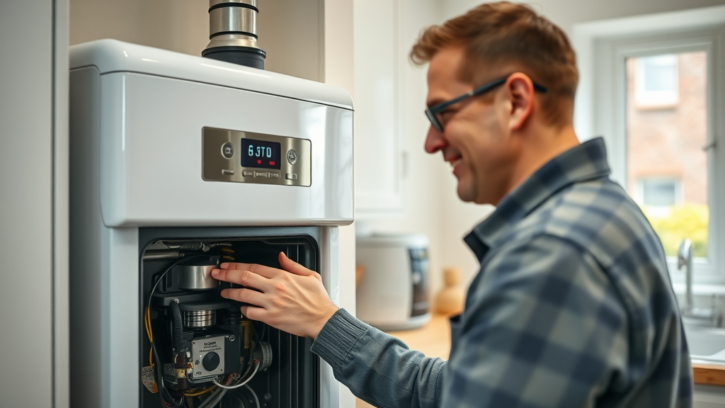 Well-maintained modern domestic boiler in a bright, clean UK kitchen with a satisfied homeowner watching a technician; how often should boilers be serviced