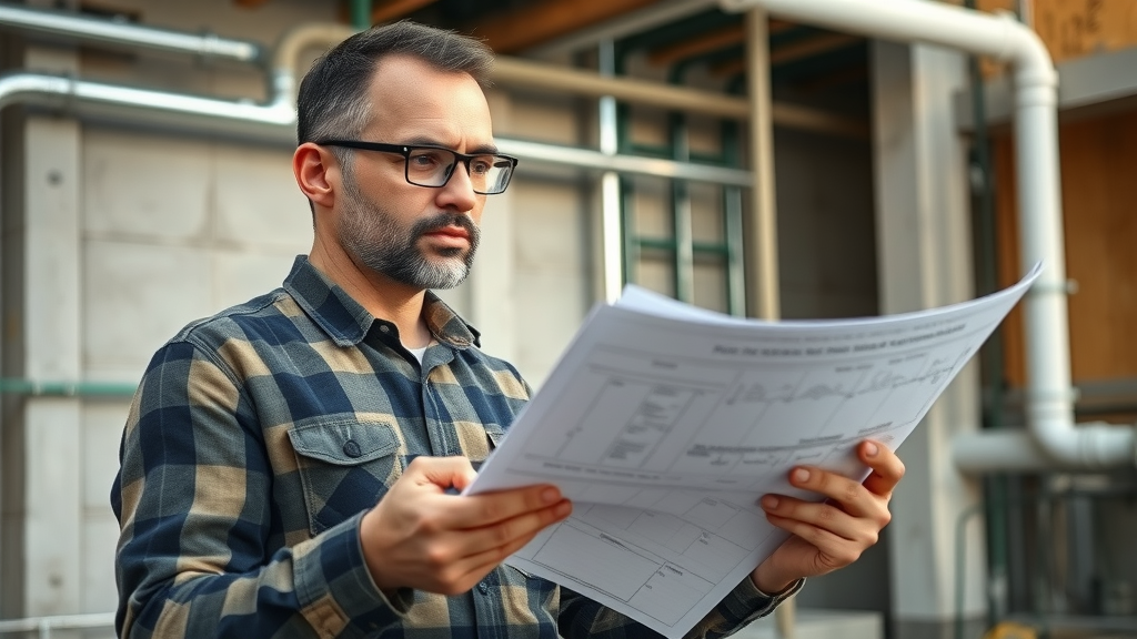 building contractor reviews renewable plumbing system plans on construction site, considering installation and regulatory challenges