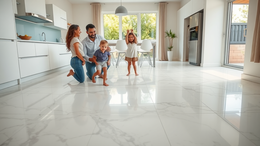Family in kitchen enjoying underfloor heating with radiant warm marble floors