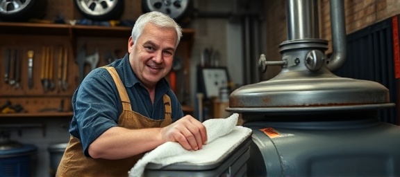 cleaning Chesterfield, satisfied expression, scrubbing boiler, photorealistic, in a workshop with tools on shelves, highly detailed, soap bubbles and water drips, wide-angle, worn paint, soft diffused lighting, shot with a 24mm lens