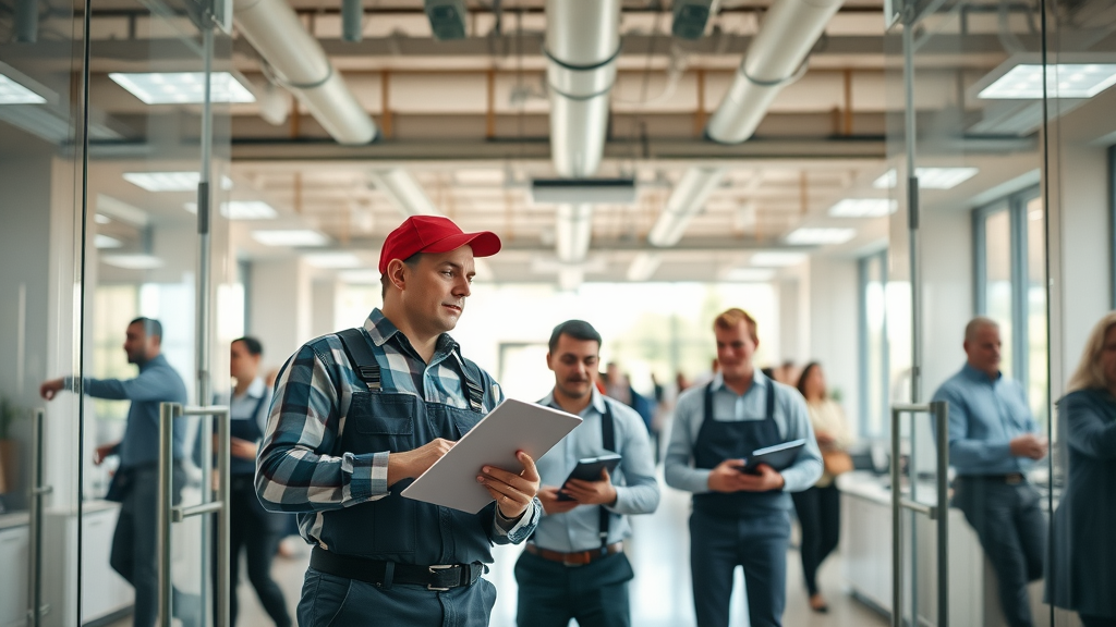 modern Chesterfield commercial building with professional plumbers inspecting pipes - commercial plumbing services chesterfield