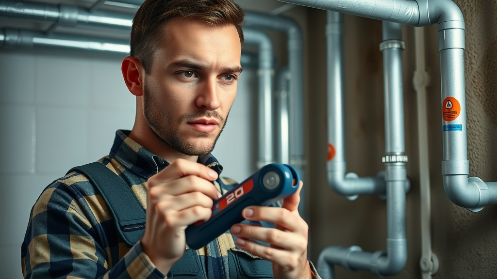 leak detector plumber technician using acoustic leak detection system on residential pipes