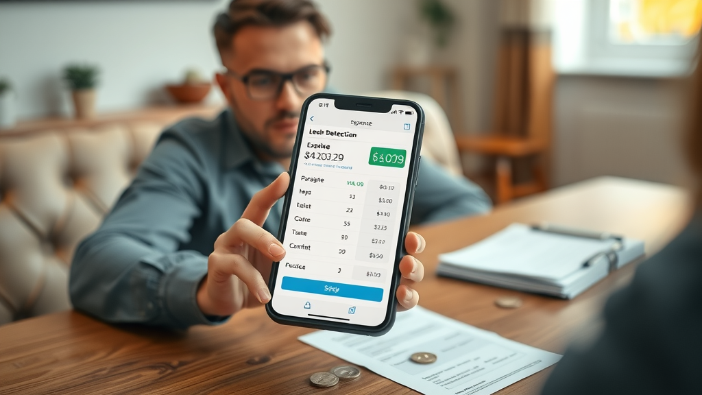 leak detection chesterfield cost displayed on smartphone, expense calculator, homeowner at tidy dining table with plumber invoice, photorealistic