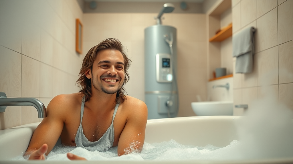 Modern bathroom with visible tank-style water heater, family enjoying hot water comfort, steam rising from shower, water heater services keeping family cozy